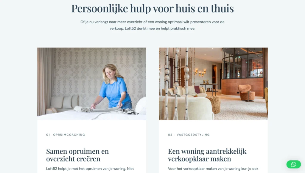 Dienstenoverzicht van Loft52 met opruimcoaching en vastgoedstyling